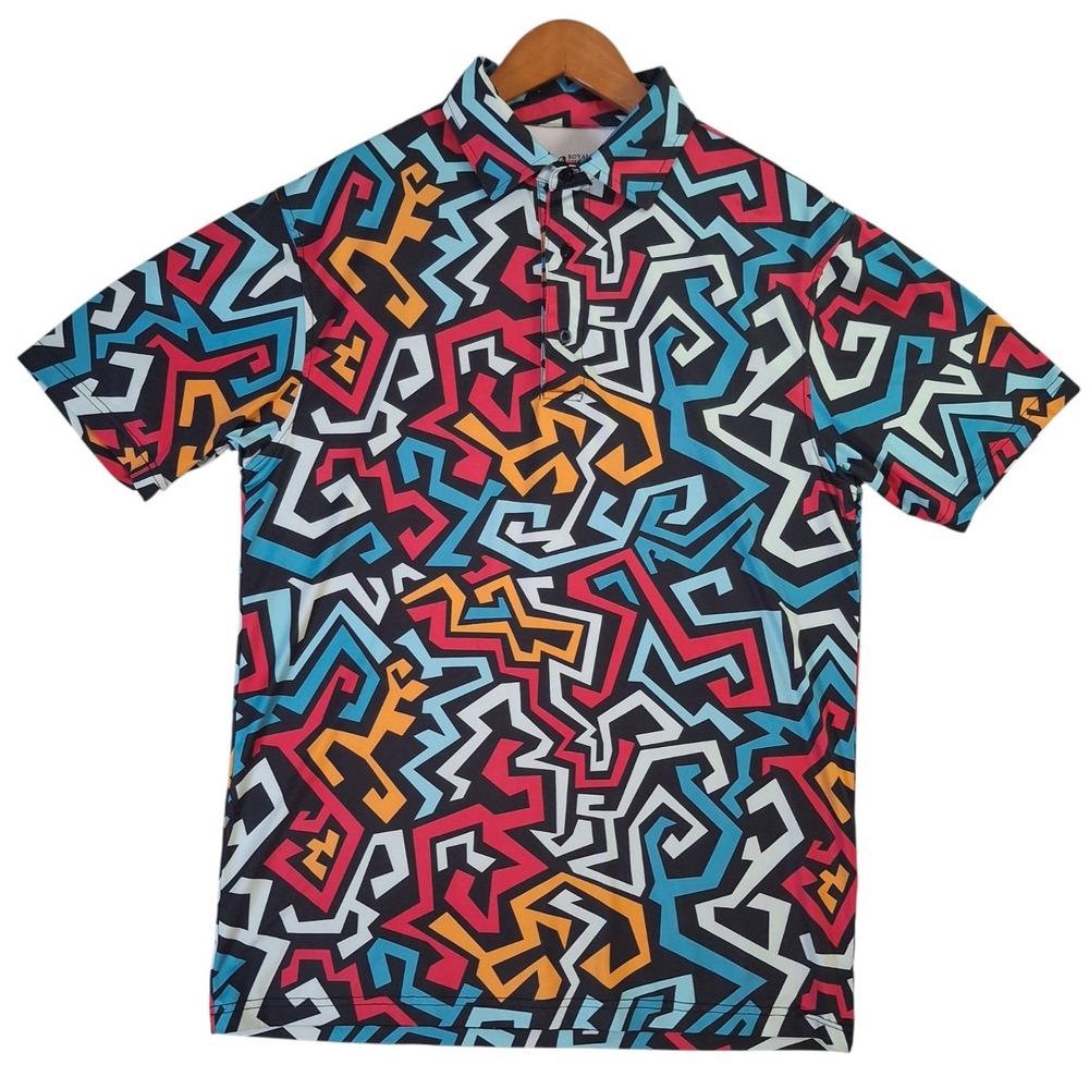 Royal & Awesome Geometric Polo Shirt Men's Medium Multicolor Performance Stretch